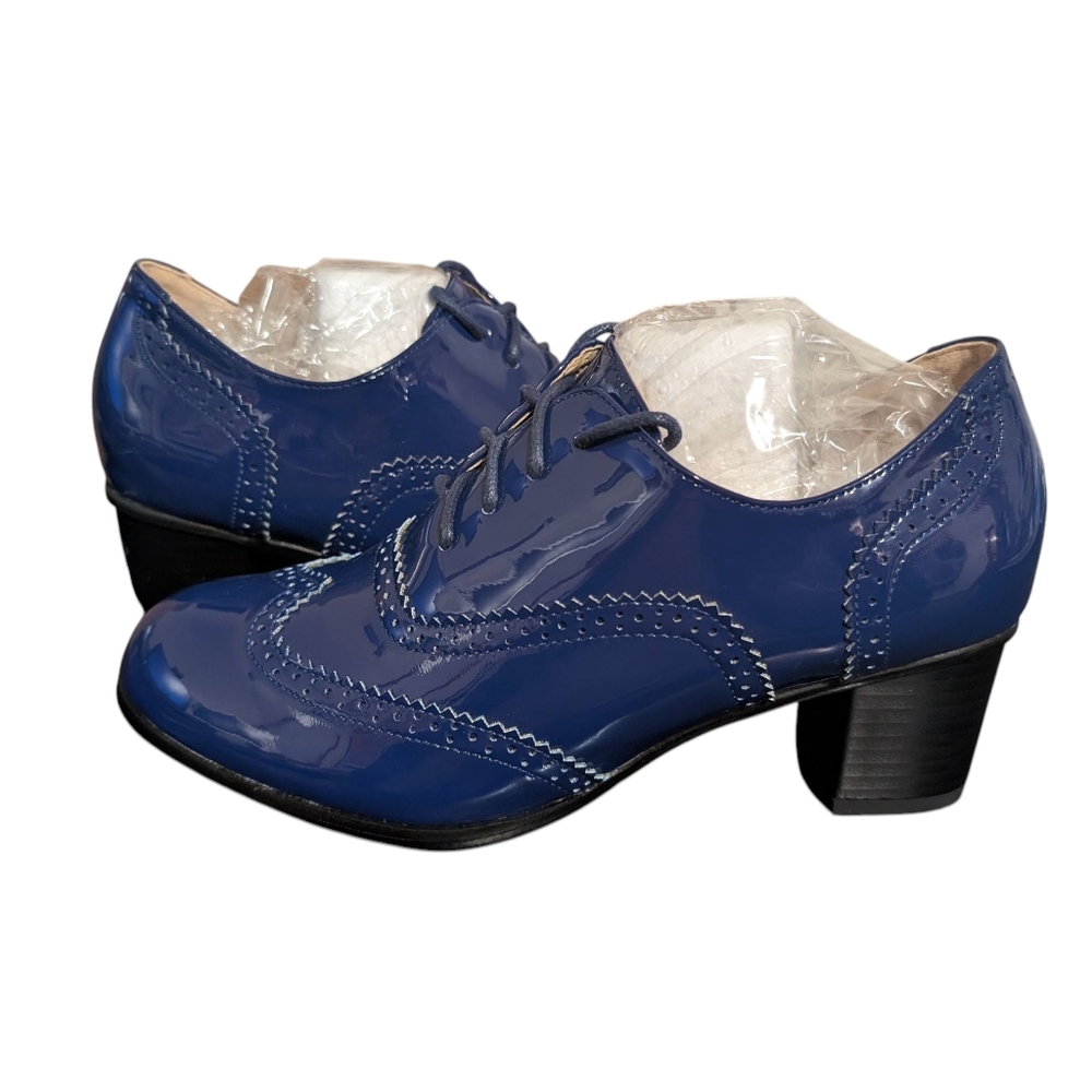 Blue Patent Leather Heeled Oxford Shoes
